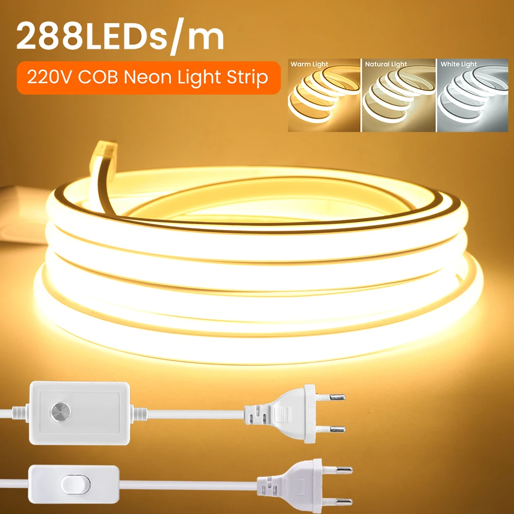 Dimmable 220V COB LED Switch Neon Strip Light Waterproof EU Power Kit Flexible Lamp 288LED White Natural Warm Home Decor 0.5m 5m