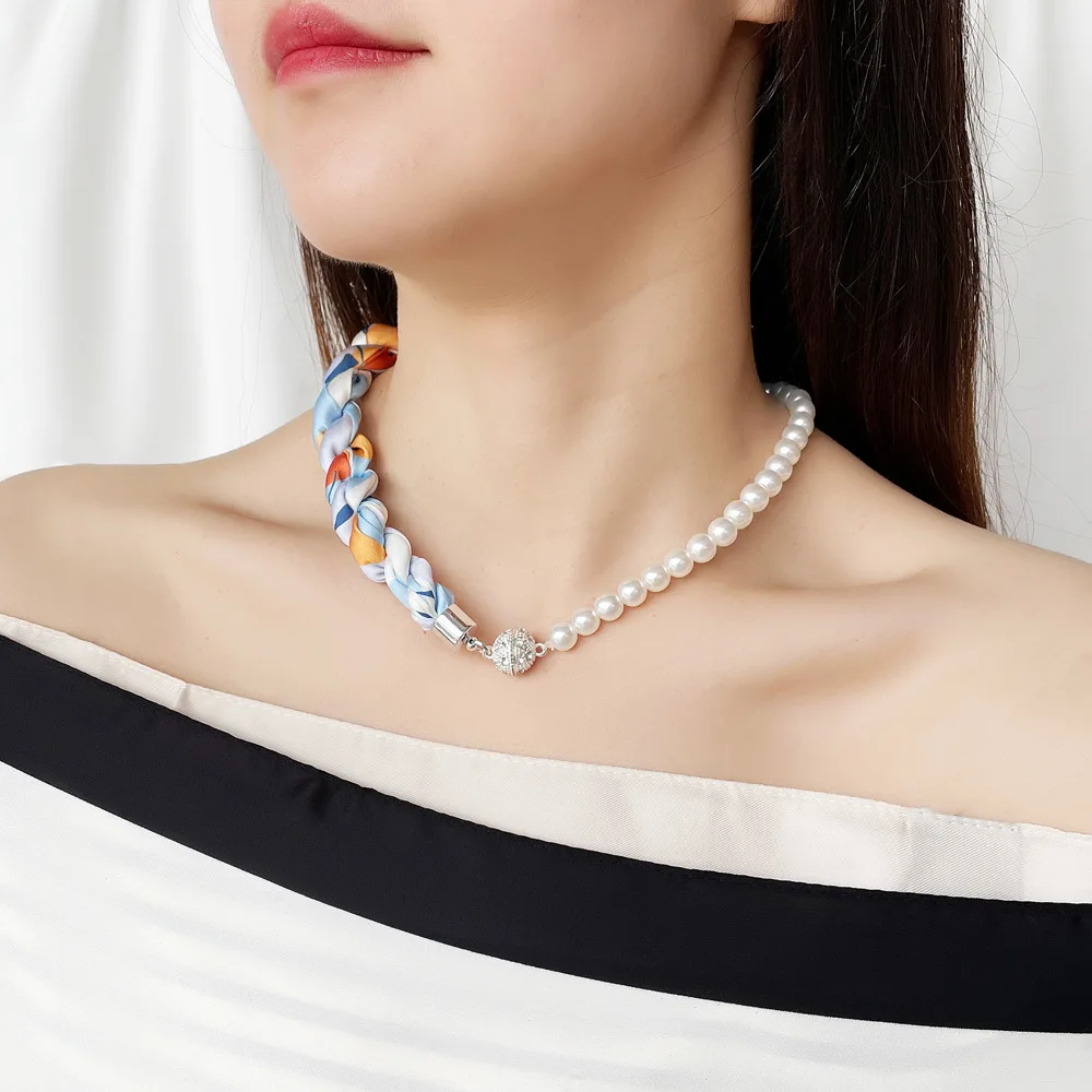 2024 Summer New Pearl Magnetic Buckle Necklace Silk Scarf Women's Pearl Niche High-end Bracelet Temperament Clavicle Scarf