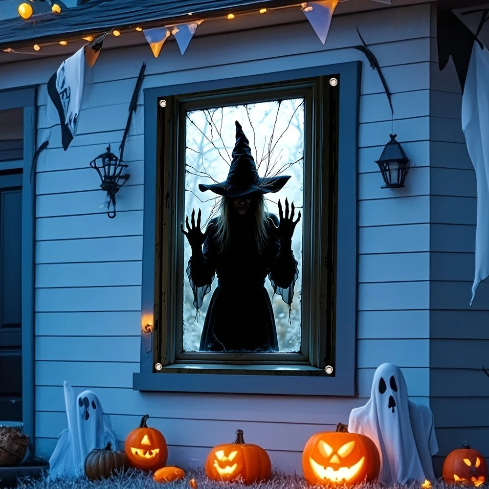 Halloween Hexen-Fenstervorhang Banner Horror-Thema Geisterhaus Bar Party Deko Fotokulisse Feiertags-Horror-Requisite
