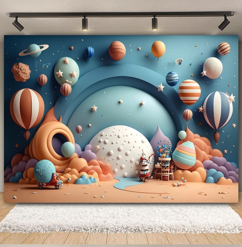 Outer Space Universe Balloons Photography Backdrop Astronaut Planet Boy Girl Baby 1st Birthday Party Cake Smash Photo Background