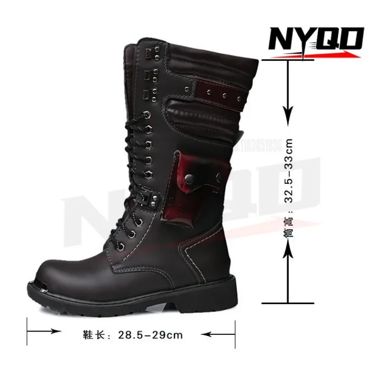 Botas altas para hombre, botas militares para la nieve largas para exteriores, botas de cuero de gran tamaño, botas para moto de nieve