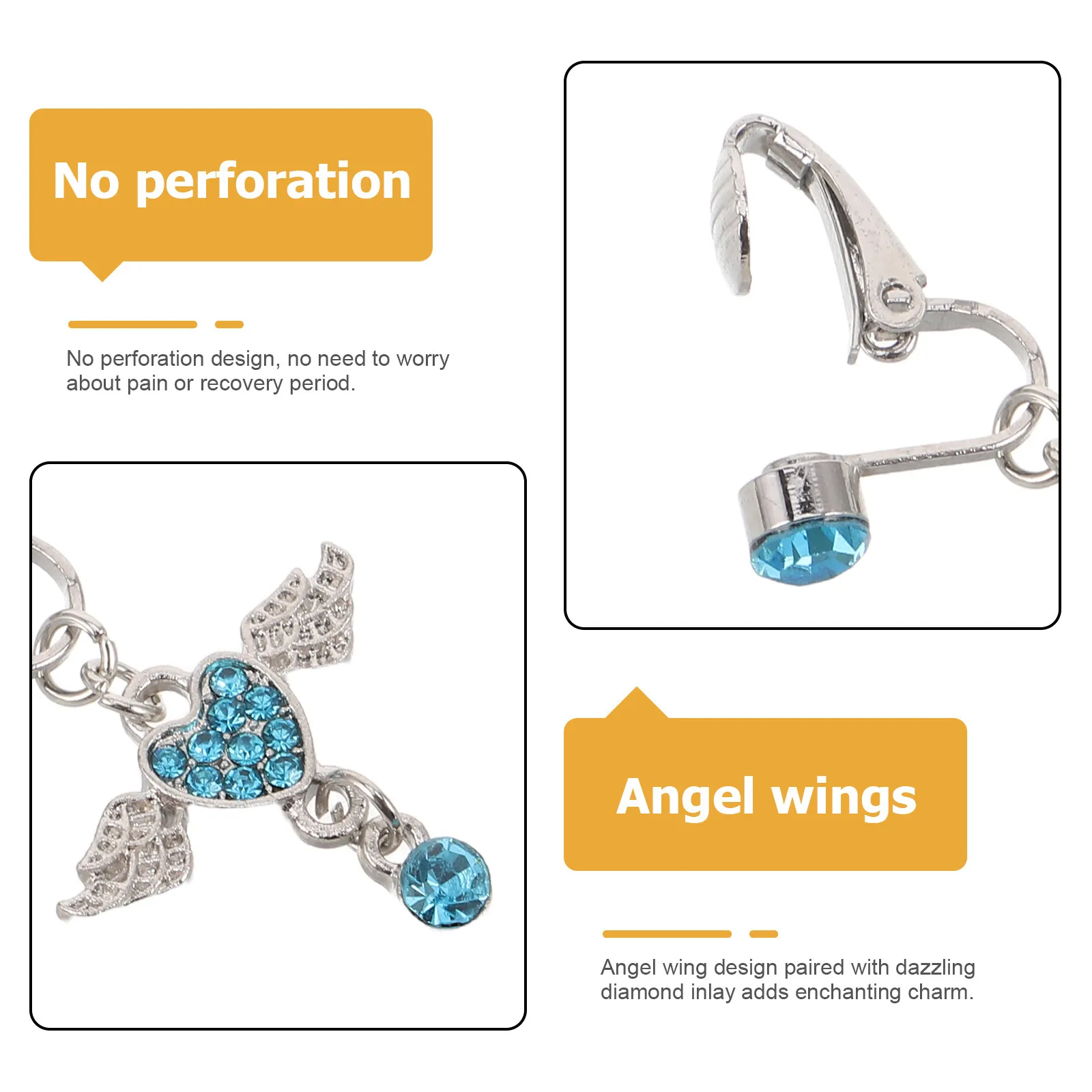 3Pcs Crystal Wing Fake Belly Ring Clip-On, Non-Piercing