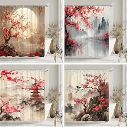 Vintage Brown Red Cherry Blossom Shower Curtain Branch Full Moon Japanese Chinese Traditional Ink Painting Shower Curtains Decor