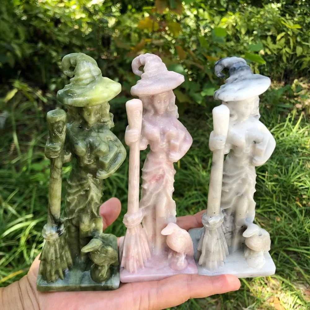 14cm Natural Crystal Witch Figurine, Broom Witch Statue with Crow Witchy Desktop Altar Home Decoration Craft