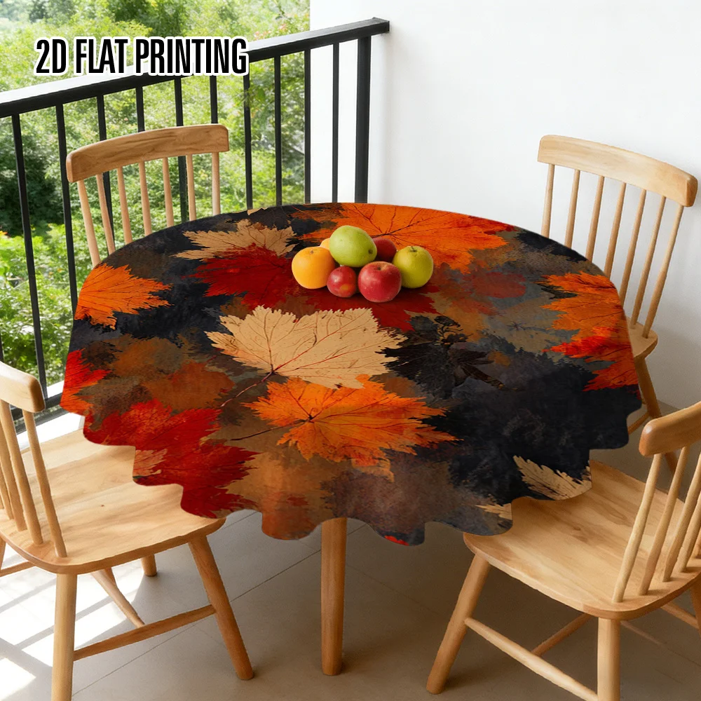 Round tablecloth, featuring a 2D flat design of autumn maple leaves, machine-made, perfect for small tableszyc