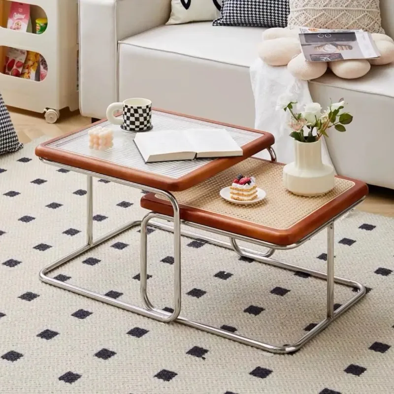 

Nordic rattan glass combination coffee sofa table set solid wood stainless steel modern simple style furniture bed side table