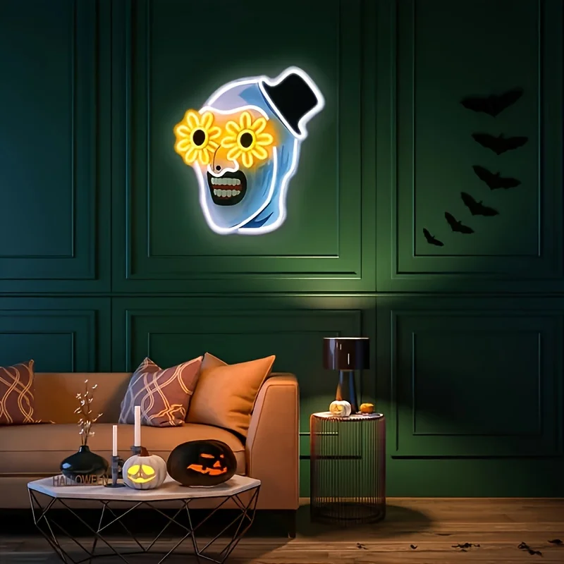 Terrifier UV พิมพ์ป้ายนีออนบรรยากาศฮาโลวีน LED Neon Light สําหรับห้องนอนปาร์ตี้ห้องเกม Man Cave Decor ของขวัญวันเกิด
