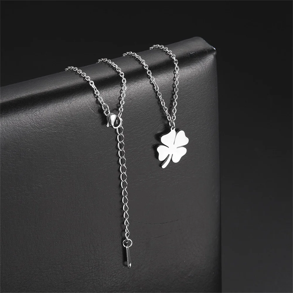 Kkjoy Edelstahl Pflanze Vierblättriges Kleeblatt Anhänger Halskette Mode Elegante Feminine Kurze Schlüsselbein Kette Halskette Schmuck – Detail 10