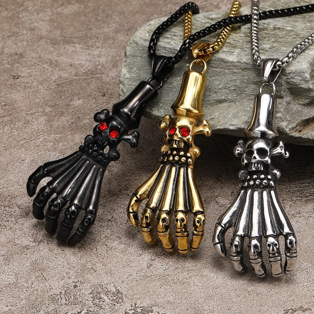 European and American Retro Punk Domineering Ghost Claw Skull Stainless Steel Men's Pendant Necklace