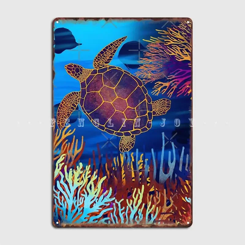 Sea Turtles On A Coral Reef Metal Sign Cinema Living Room Club Bar Vintage Wall Decor Tin Sign Posters