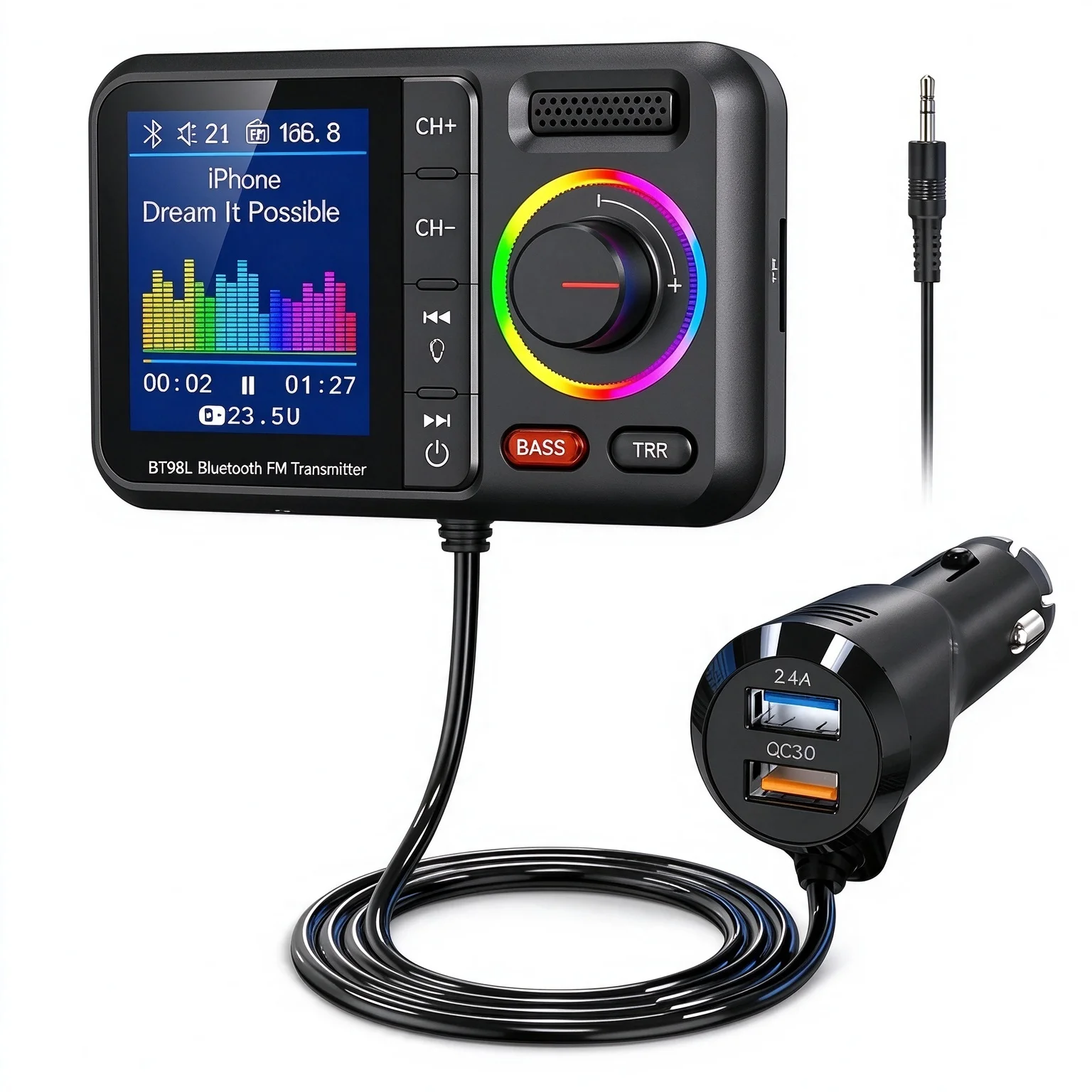 BT98L Car Bluetooth FM Transmitter Color Screen MP3 Player QC3.0 Fast Charger Hands‑free Call Support U Disk TF Card AUX BASS TR