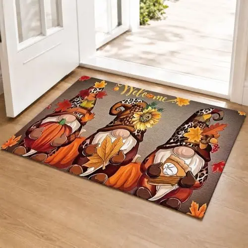 Entrance Welcome Mat Reddish Brown Mascot Silhouette Checkered Bandana Detail Vibrant Amber Fruit Dark Brown Backdrop for Floor