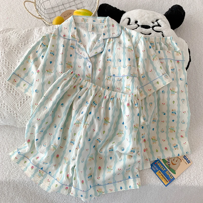 Summer Three-Piece Women's Pajama Set Bear Print Sleepwear Casual Sweet Cute Short Sleeve Pajamas with Shorts Spring and Fall 2