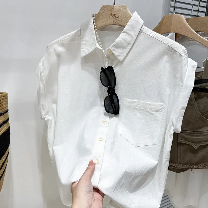 Solid Color Simplicity Lapel Collar Shirt Women Niche Summer New Westernization Short Sleeved Single-breasted Multicolor Tops