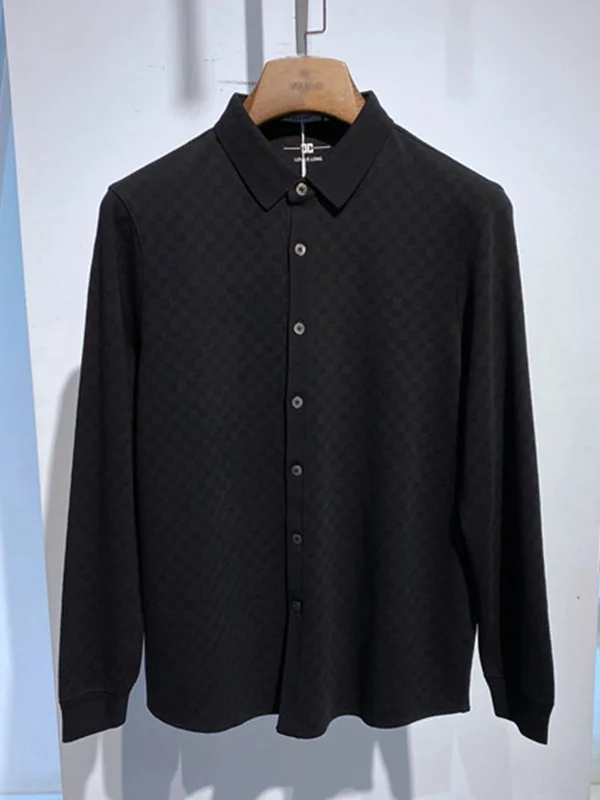 

Мужская повседневная трикотажная рубашка с длинным рукавом, черная, с отложным воротником, на одной пуговице, из шестипанельной ткани, универсальная, для поездок на работу