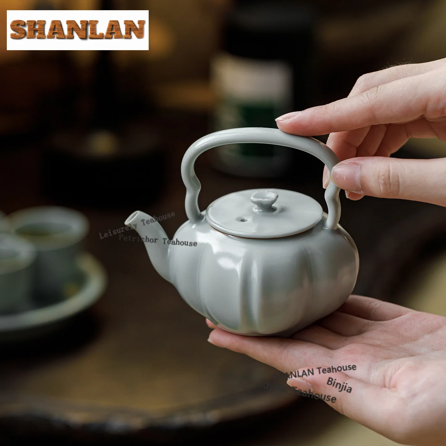 

160ml Sky Blue Ru Kiln Lifting Handle Teapot Retro Tea Infuser Pot Household Tea Making Kettle with Strainer Tea Ceremony Gift