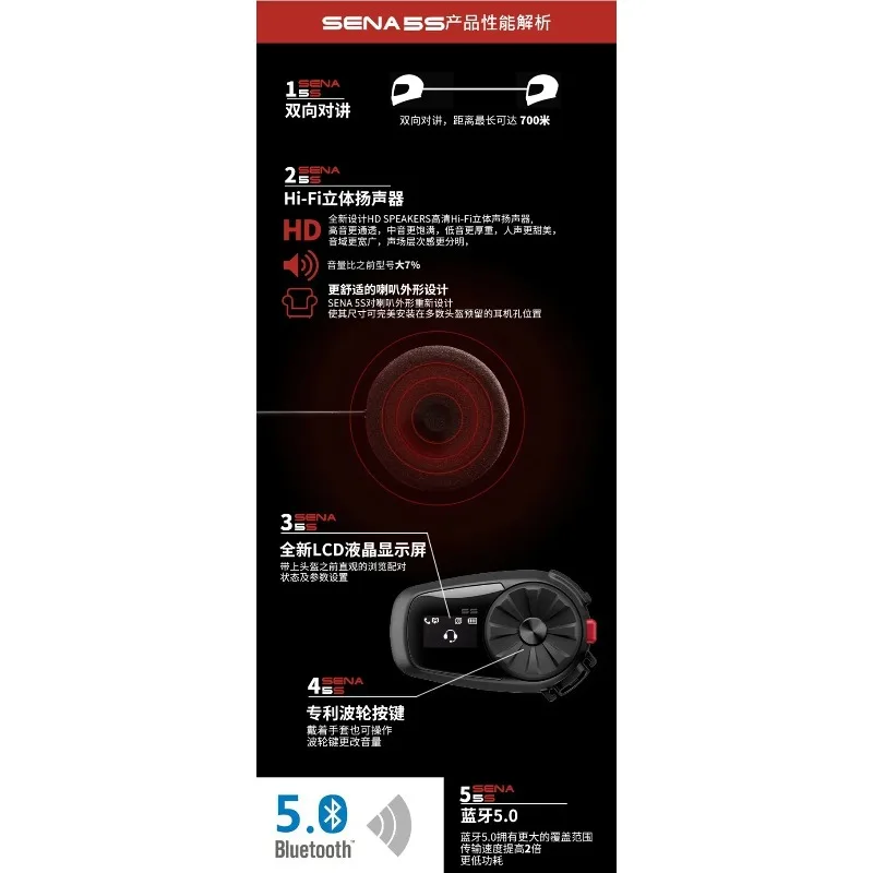 Sena 5S 700m Call Motorcycle Locomotive Helmet Bluetooth Headset LCD  Display