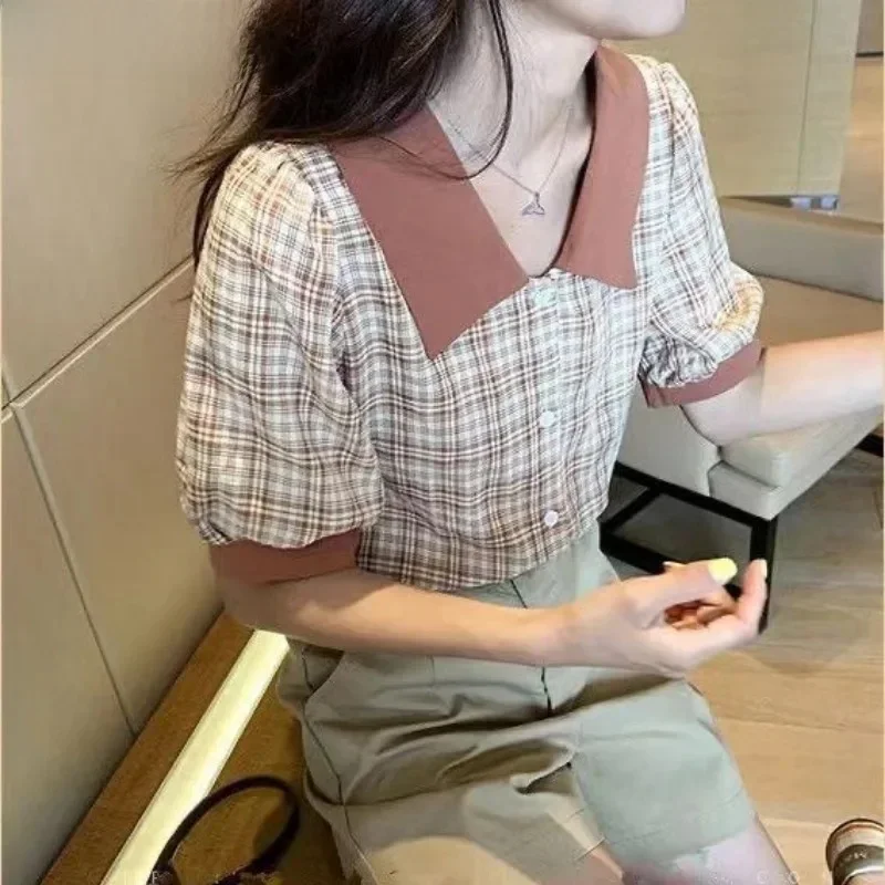 

Летние рубашки, женская одежда, шифоновые блузки с короткими рукавами и воротником Питера Пэна 2025 года, Camisas De Mujer, свободные винтажные клетчатые блузки, топы