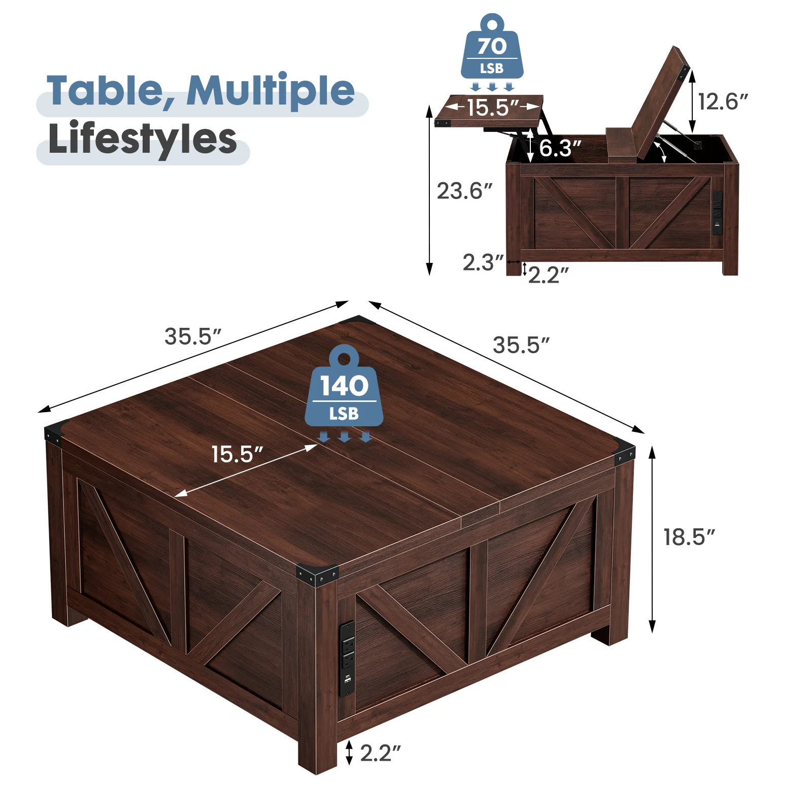 JHK 35.6IN Lift Top Coffee Table with Charging Station and Storage Shelf Easy Lift Or Lower Square Wood Table with USB/Type-C AC Outlets Hidden Storage for Living Room Home Office