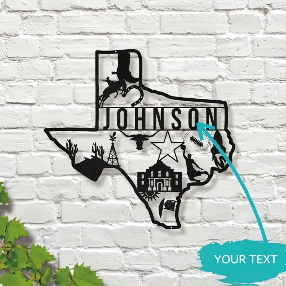 Custom Texas Iron Wall Plaque 2D Flat Personalized Home Name Sign Lone Star State Theme Modern Decorative Wall Hanging