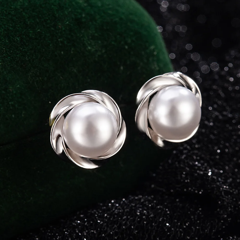 925 Sterling Silver Rotating Flower Pearl Stud Earrings Elegant Twisted  Imitation Pearl Earrings Women Wedding Jewelry Gift