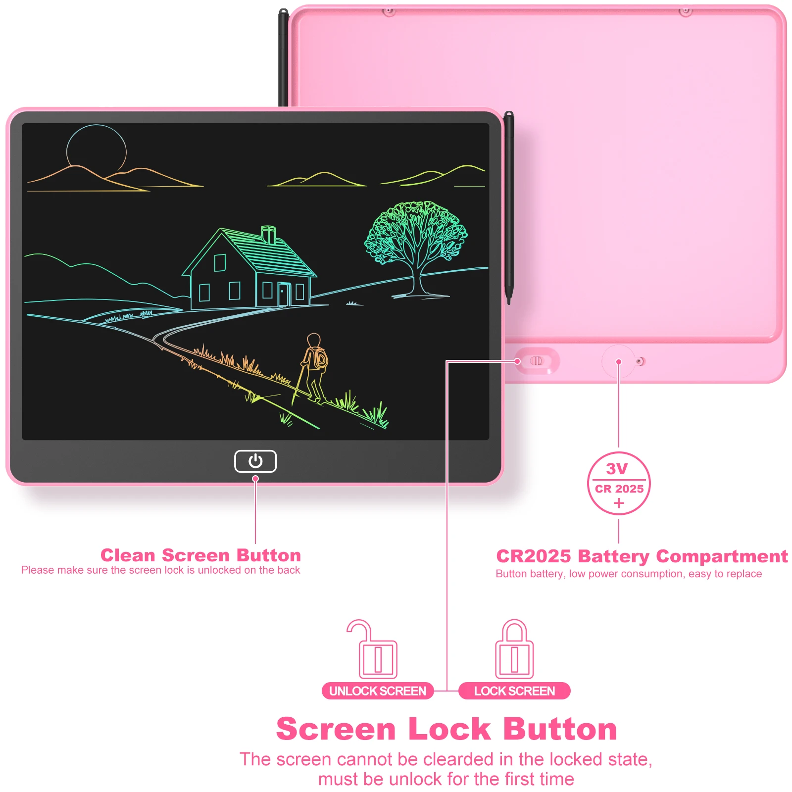 กระดานเขียน LCD ขนาด 16 นิ้ว, กระดานวาดภาพอิเล็กทรอนิกส์สีสันสดใสสําหรับเด็ก, แท็บเล็ตการเขียนแบบพกพาแบบใช้ซ้ําได้, ของเล่นเพื่อการศึกษาที่สมบูรณ์แบบ