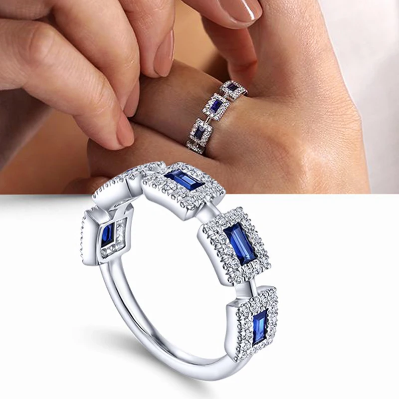 Huitan Sparkling biały/niebieski CZ Ring Finger dla kobiet w kształcie geometrycznym moda luksusowe kobiece pierścionki wykwintne biżuteria obrączka ślubna