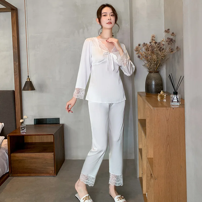 V-Neck Lace Pajamas Set Spring Summer Women Sleepwear Pijamas Suit Intimate Lingerie Casual Female Silky Satin Home Clothes