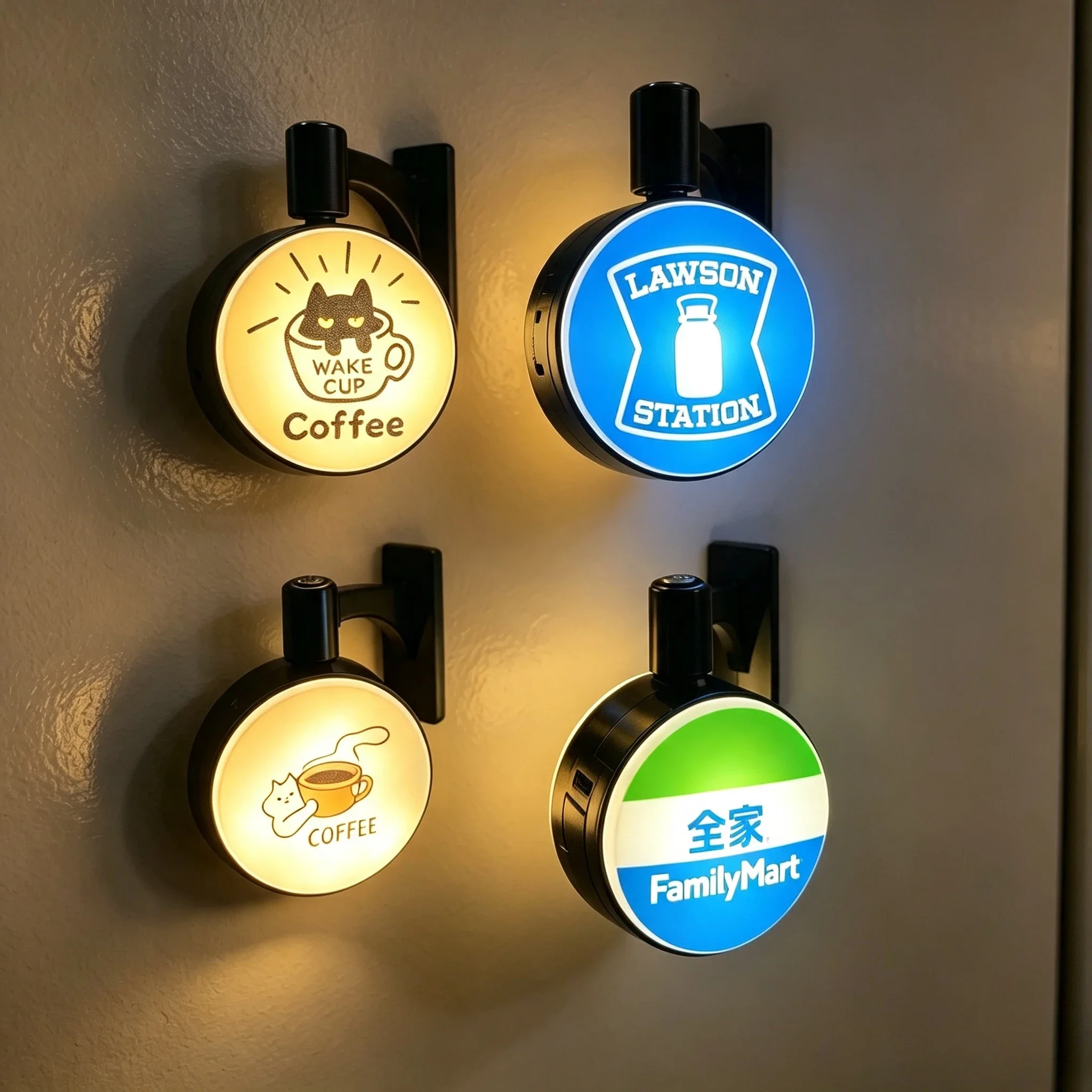 Rotatable LED Luminous Fridge Magnet Cat Coffee FamilyMart Lawson Mini Light Sign Home Kitchen Wall Decor Gift