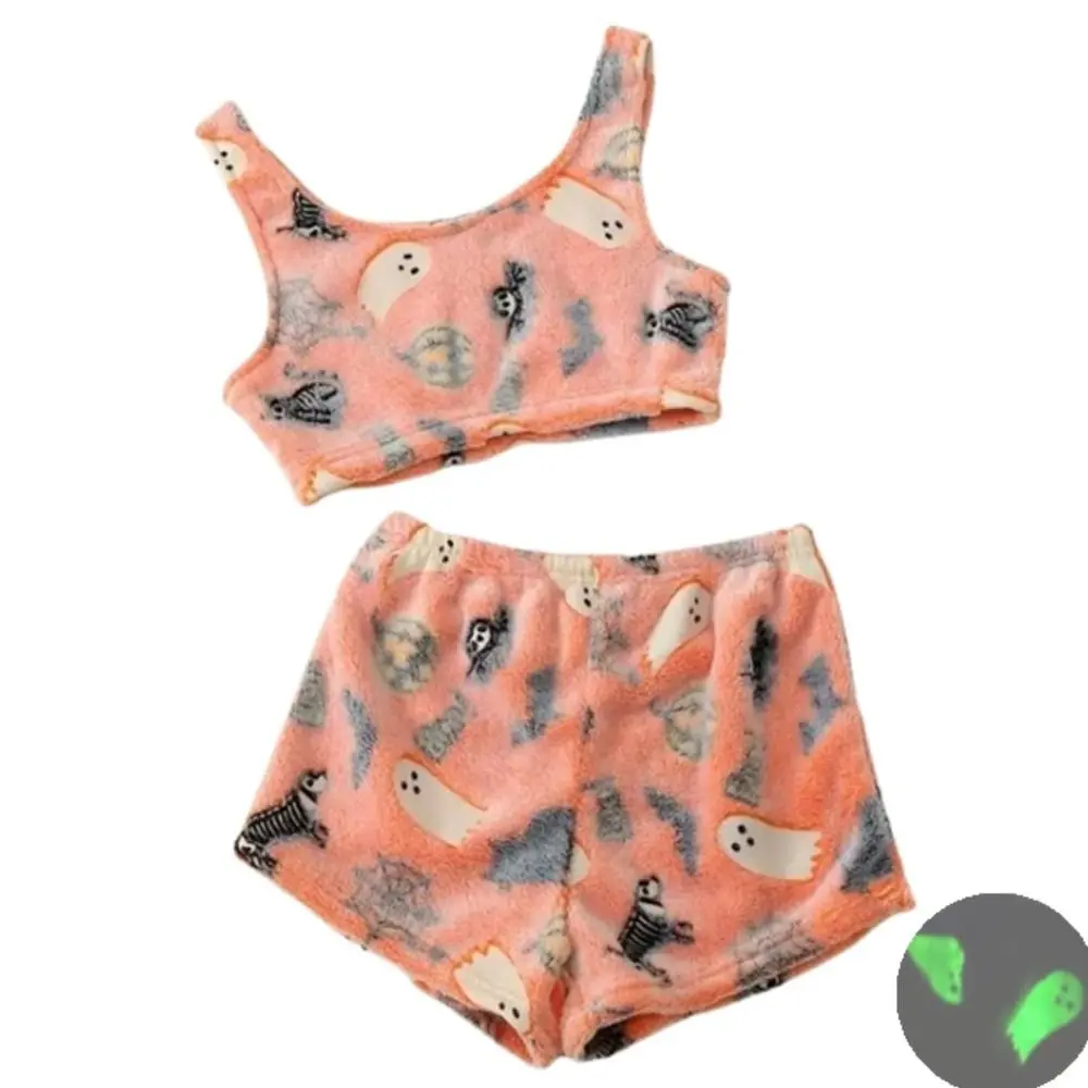 Conjunto de pijama con chaleco espeluznante grueso, pijama de dos piezas de terciopelo Coral, pantalones cortos, conjunto de pijama sin mangas con estampado que brilla en la oscuridad