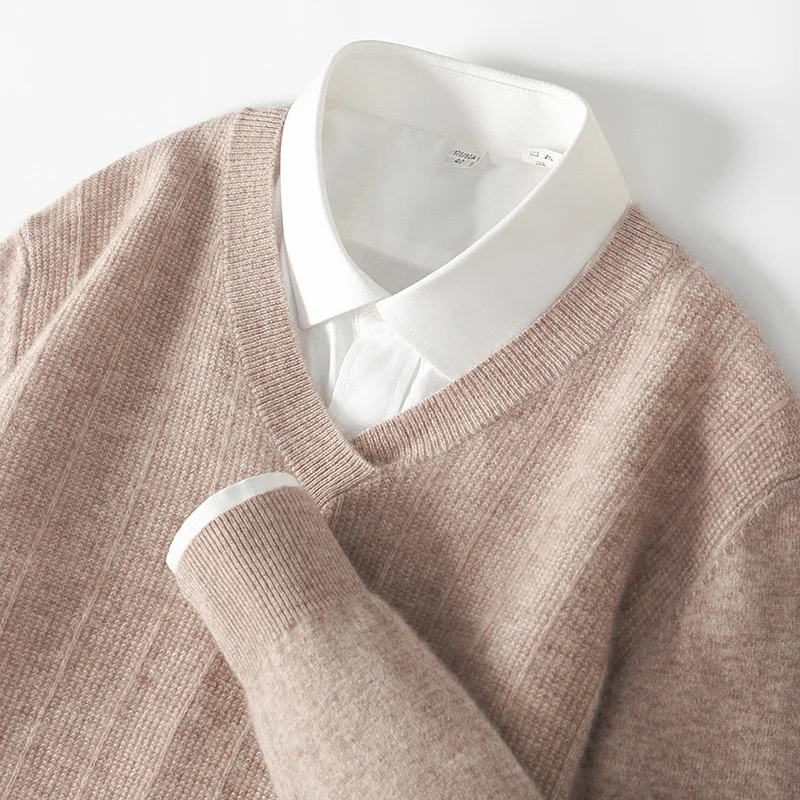 

V-neck Jacquard Cashmere Sweater for Men in Autumn and Winter Young Business Knitted Bottom Sweater