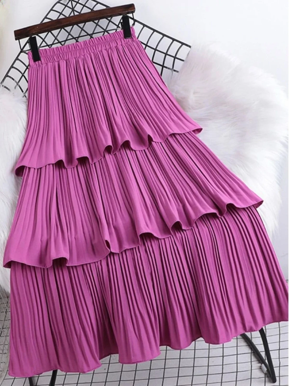 

High Waist Spliced Large Swing Skirt Multi-Layered f-length Dr High Waist Design Versatile Sle Spring Collection