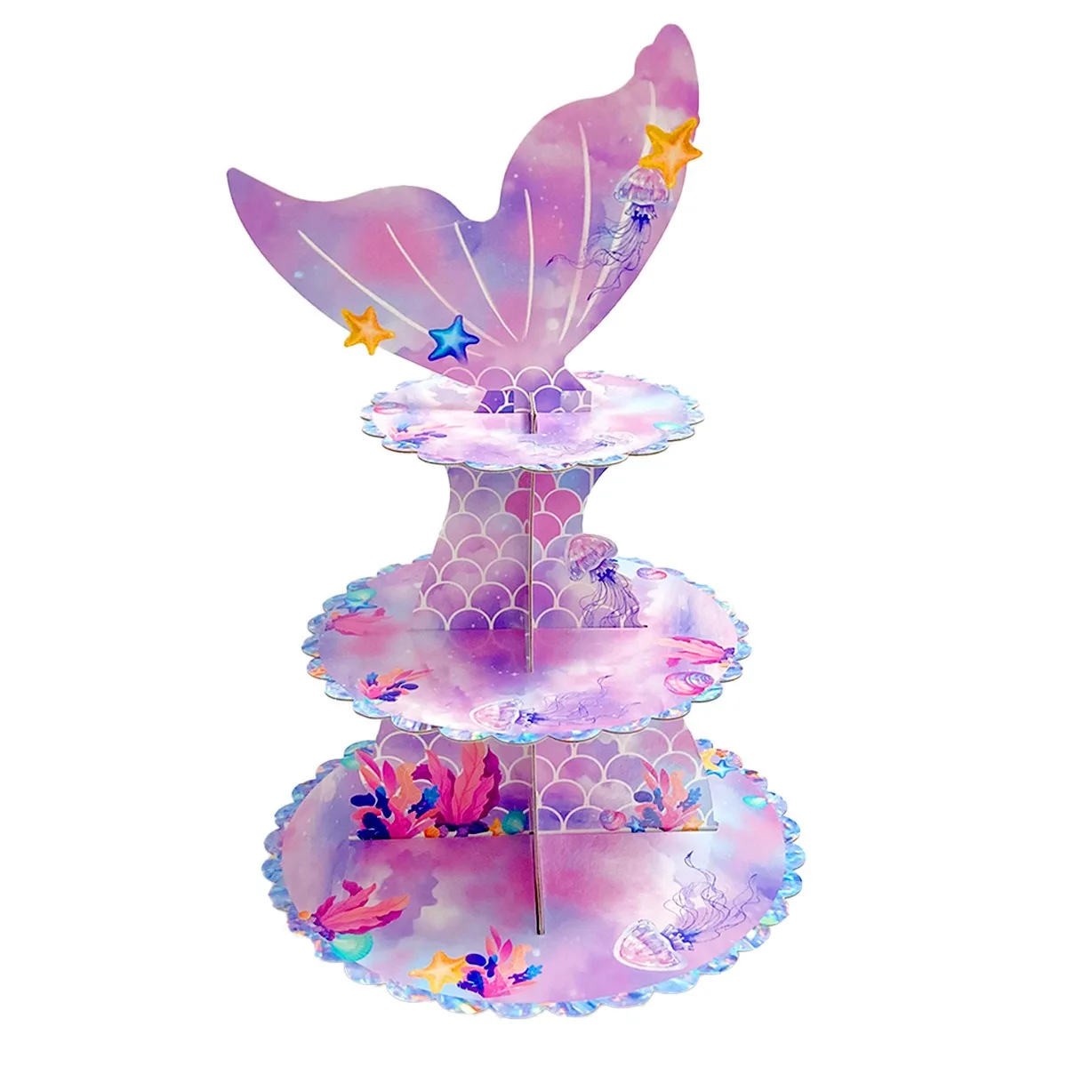 

Mermaid Party Decor Cupcake Rack Fish Tail Three-layer Cake Rack Under The Sea Girl Happy Little Mermaid Birthday Party Supplie