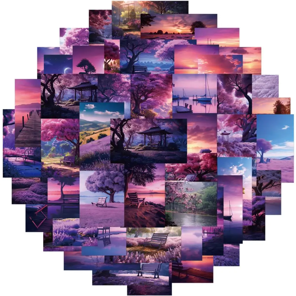 50PCS Purple Tranquil Scenery Decoration Stickers DIY Notebook Refrigerator Laptop Skateboard Graffiti Waterproof Sticker Toy