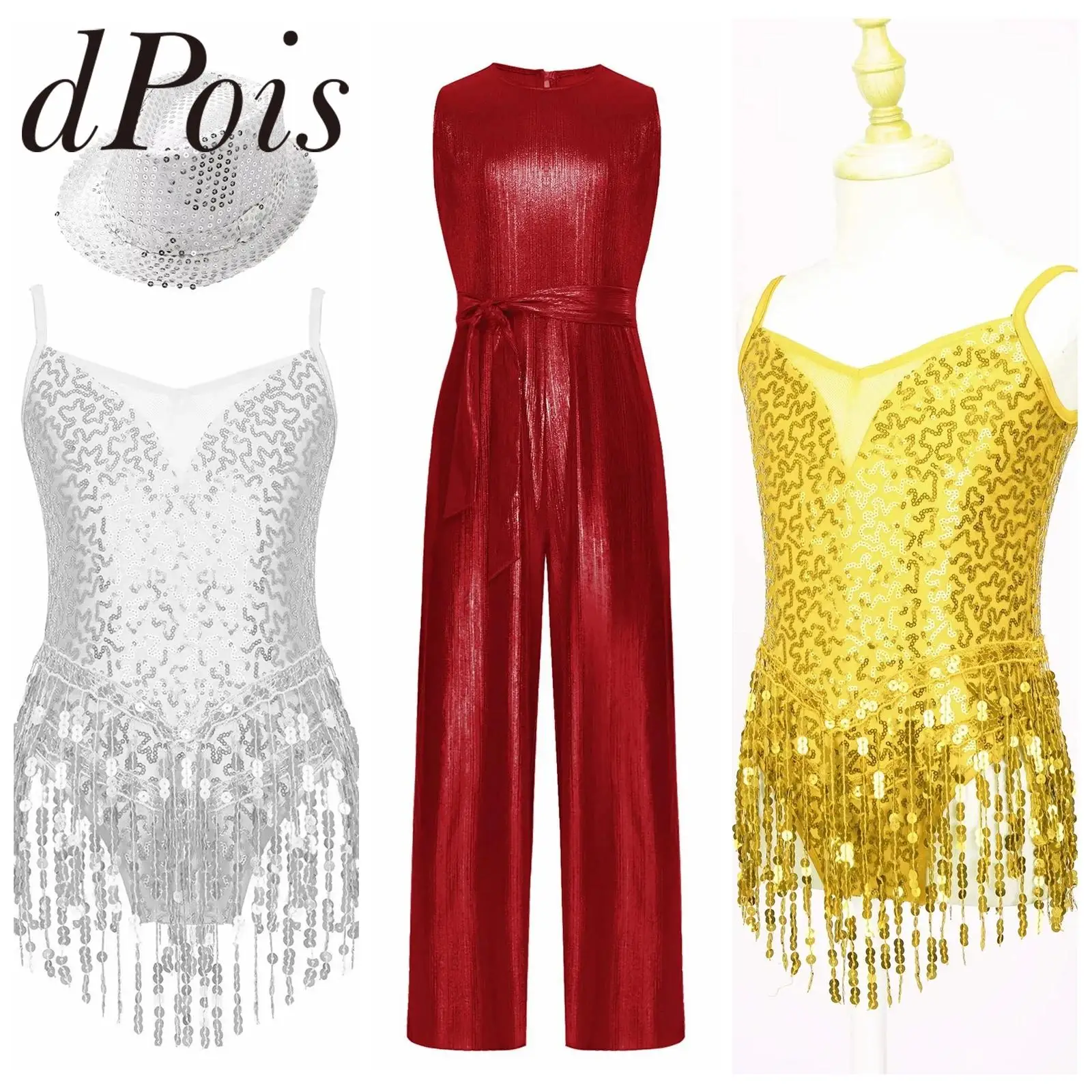 

Kids Girls Shiny Sequins Latin Dance Costume Tassel Bodysuit for Chacha Jazz Performance Dancewear Skating Leotard Hat Sets