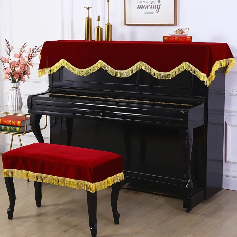 

Thicken Classical Velvet Piano Cover Tassel Drape Design Long Half Cover Fabric Piano Top Towel with Piano Bench Cover