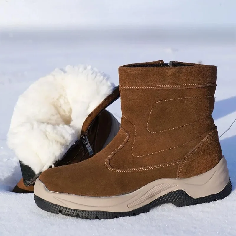 Outdoor Casual Snow Boots Men's Shoes Thick Sole High Top Winter Thick Wool Warm Waterproof Anti Slip Cotton Boots Male Brown