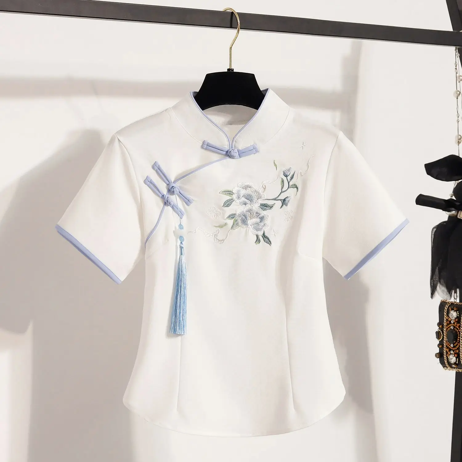 

Women's Chinese Retro Ethnic Style Short-Sleeved Shirt Stand-Up Collar Buckle Embroidered Chinese style top summer
