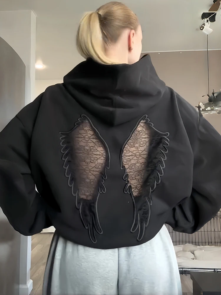 Weird Puss Pullover mit Spitzen-Patchwork in Flügelform, Damen, Herbsttrend, Kapuze, lange Ärmel, rückenfrei, High-Street-Mode, Oberteile – Detail 22