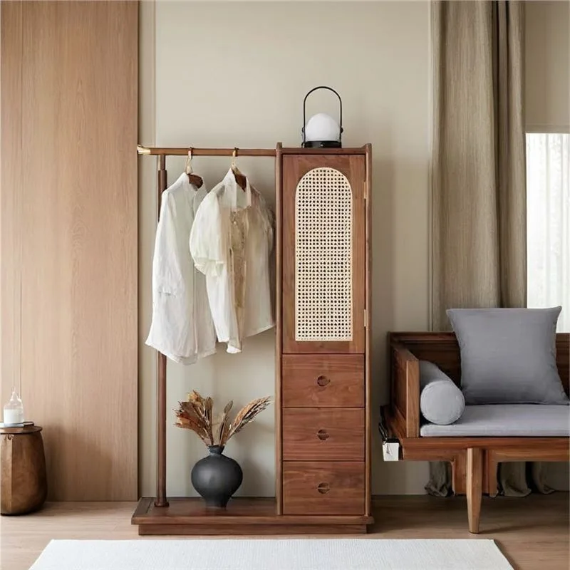 Rattan solid wood wardrobe floor-to-ceiling coat rack bedroom hotel modern locker small apartment integrated hanger