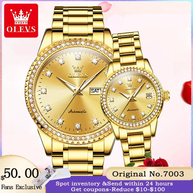 OLEVS 7003 Luxury Fully Automatic Mechanical Watch Brand Diamond Waterproof Calendar Couple Watch Fashion Men's Women's Watch