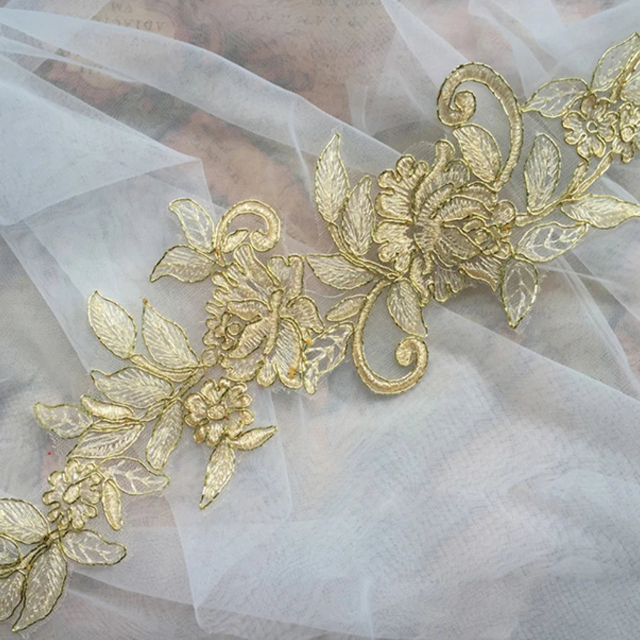 1 Pair Gold Flower Embroidered  Lace Edge Floral Applique Patches Fabric Sewing Craft Vintage Wedding Dress 37.5*11.5cm