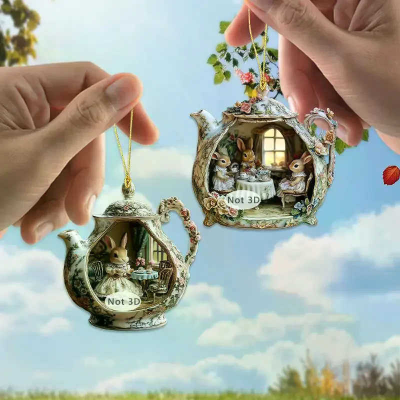 Easter Home Decor Items Rabbit In Teacup Warm Home 2d Acrylic Pendant Backpack Pendant Car