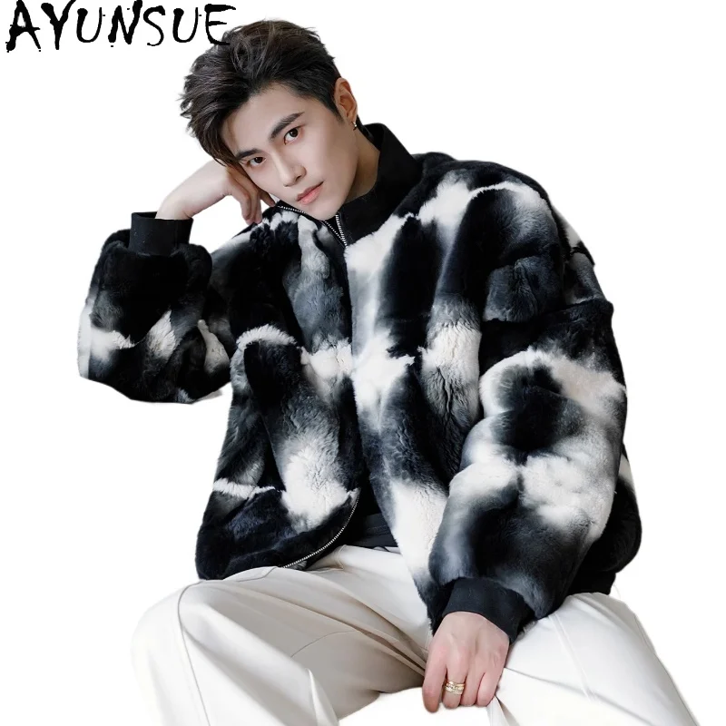 AYUNSUE Original Tie-dyed Rex Rabbit Fur Coat Man Autumn Winter Stand-up Collar Natural Fur Jacket Men's Cold-resistant Outwears