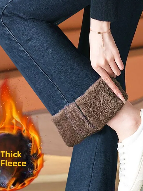 

Женские джинсовые брюки с высокой талией Thiened Fce на подкладке, осень-зима, новые теплые широкие брюки, повседневные прямые брюки