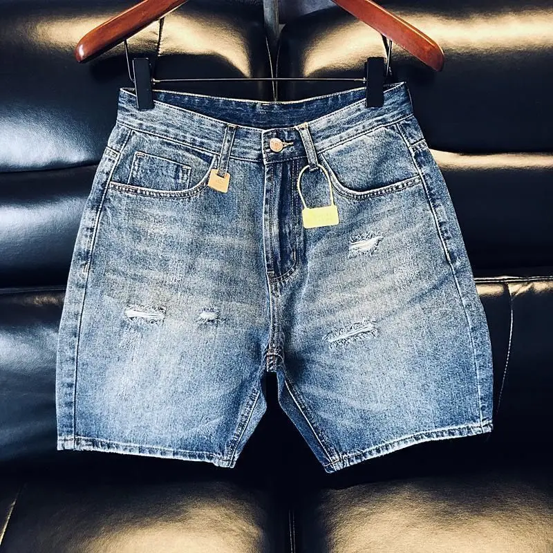 Summer 2026 New Vintage Ripped Denim Shorts Wear-resistant Washed Retro Light-colored Elastic Ruffian Handsome Casual Half Pants