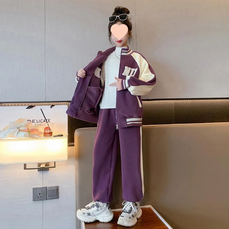 

2025 Autumn Winter Kids Girl Set Round Neck Single-breasted Jacket+Patchwork Sweatpants School Girls Sets 4-14 Girls Sport Sets