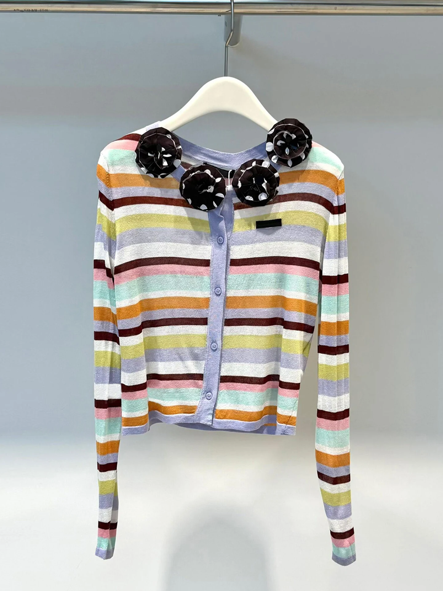 

Spring 2026 High-End Women's Knitted Cardigan Top Floral Stripe Design Commute Style Regular Fit Medium Softness Long Sleeve