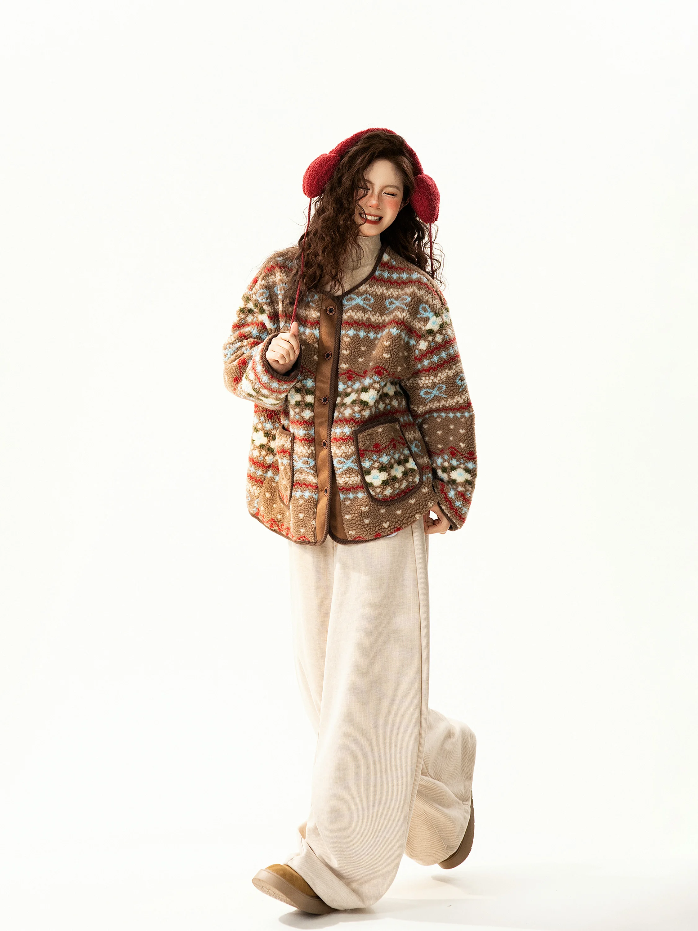 

Ретро-куртка унисекс из хлопка с мехом ягненка в стиле Fair Isle, теплая, свободного кроя, для пар, уличный стиль, нейтральная