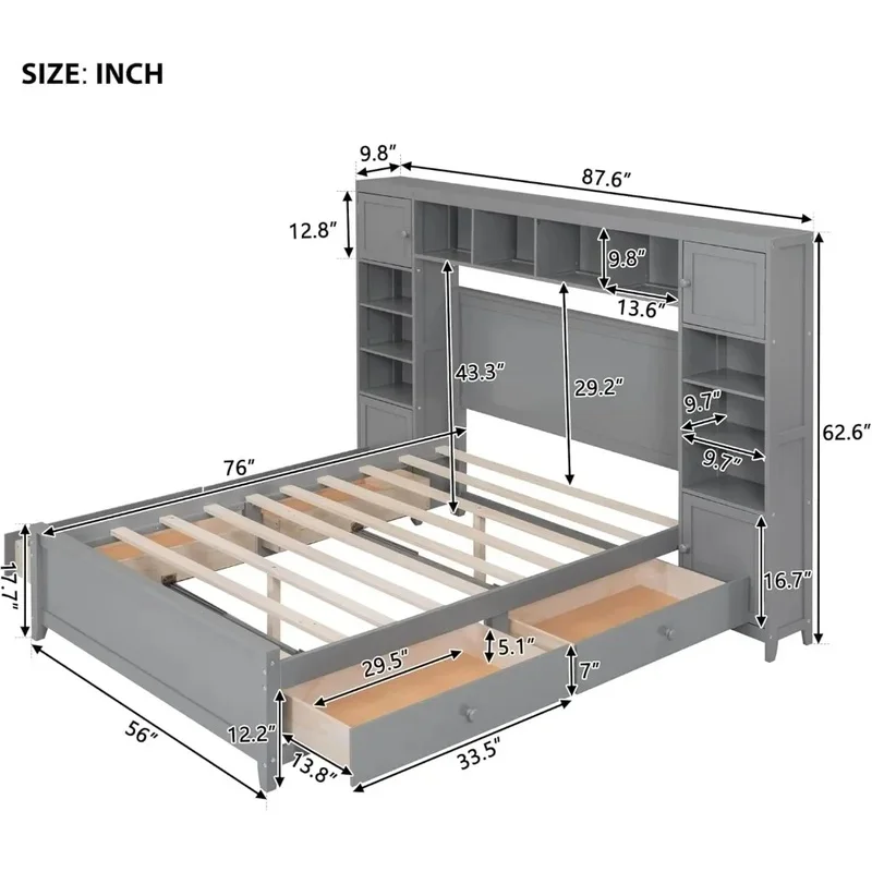 

Solid Wood Platform Bed with Bookcase Headboard, 4 Storage Drawers, Cabinet, and Bookshelf